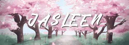 the word jasleen is on a sign with cherry blossom trees in the background