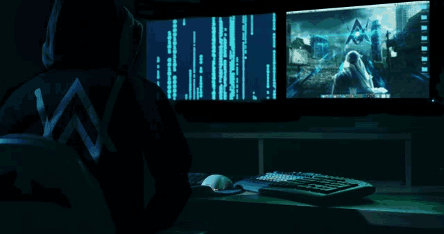 a person wearing a hoodie with a w on the back sits in front of a computer
