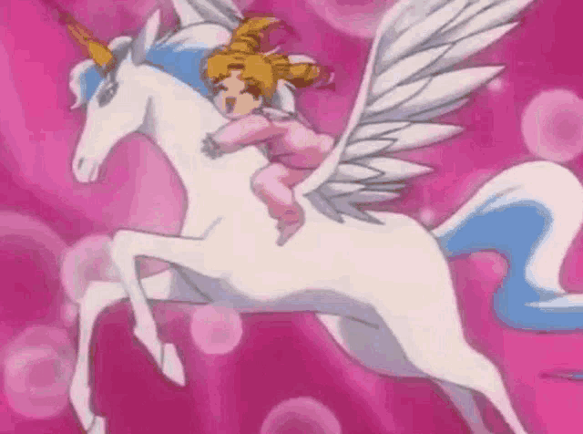 a little girl is riding on the back of a winged unicorn