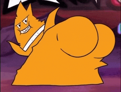 a cartoon cat with a big butt is sitting on a couch .