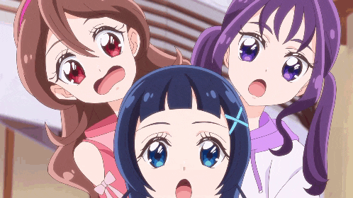 three anime girls with purple hair and blue eyes