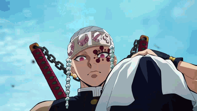 a man with a bandana on his head and a sword on his shoulder has the number 1 on his face