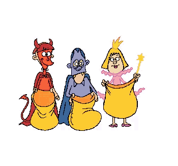 a cartoon of a devil a wizard and a fairy holding a yellow bag