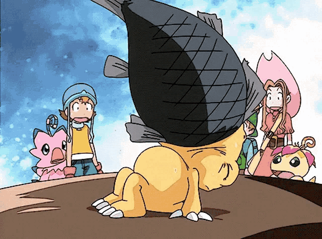 a group of cartoon characters are standing around a fish