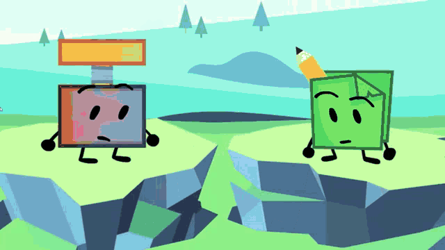 two cartoon characters standing next to each other on a rock