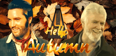 two men are smiling in front of autumn leaves and a metronome