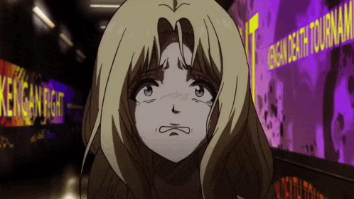 a blonde anime girl is standing in front of a sign that says death tournament