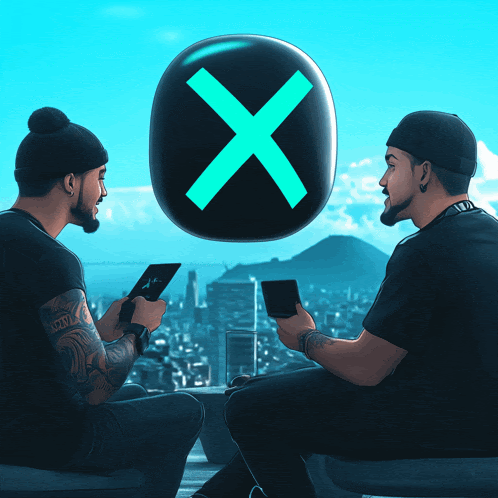 two men are sitting on a balcony with a large x in the background