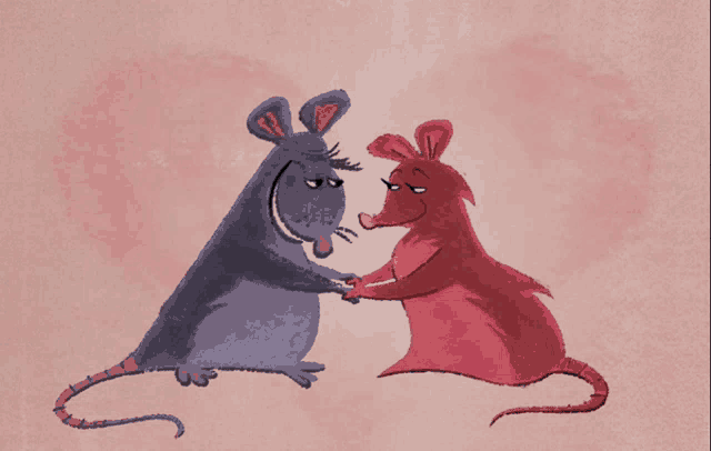 a couple of mice are hugging each other with hearts in the background