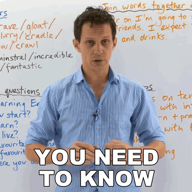 a man stands in front of a white board with the words " you need to know " on it