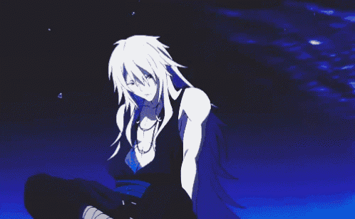 a female anime character with long white hair is sitting on the ground .