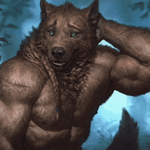 a painting of a werewolf with green eyes and a braid