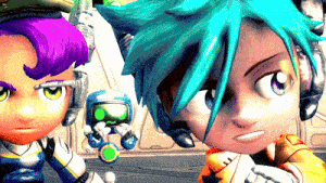 two cartoon characters are standing next to each other with one having blue hair