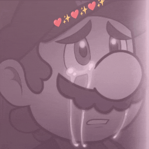 a drawing of a cartoon character with hearts on his hat is crying