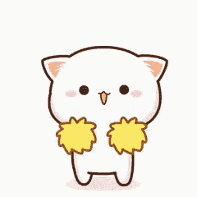 a cartoon cat is holding a pair of pom poms in its paws .