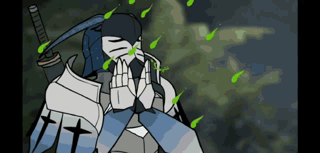 a cartoon of a knight with a sword and shield praying