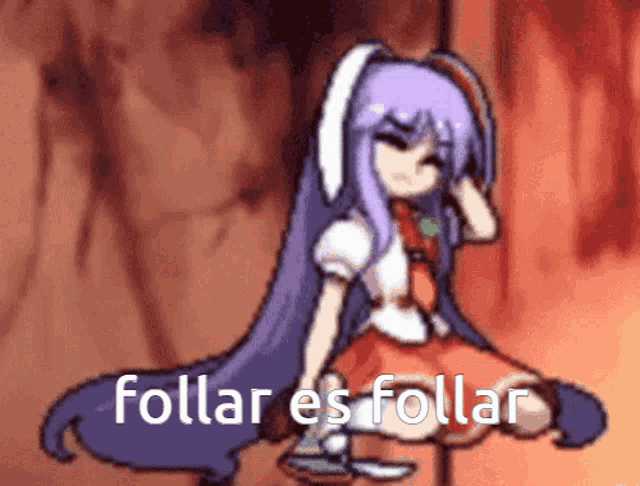 a pixel art of a girl with purple hair and the words " follar es follar " below her