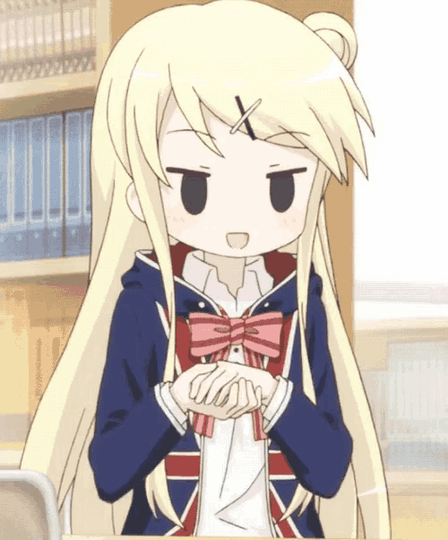 a blonde anime girl with a x on her head
