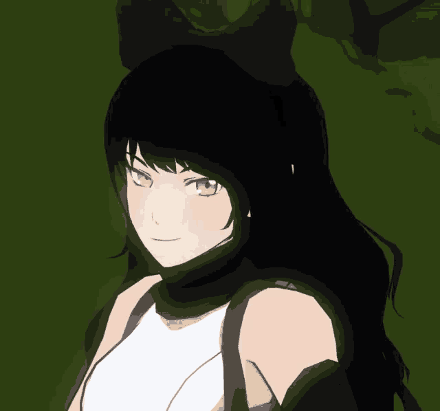 a cartoon girl with black hair and yellow eyes is smiling