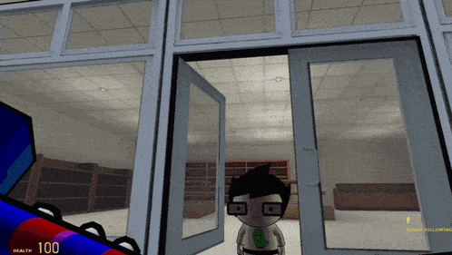 a cartoon character is standing in front of a door with the number 100 on the bottom right