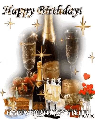 a birthday card with a bottle of champagne and glasses of champagne