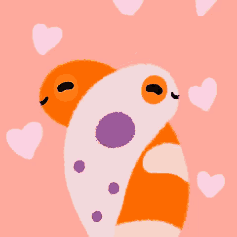 a drawing of an orange and white animal with hearts around it