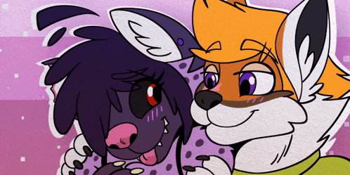 a cartoon drawing of a fox and a purple dog