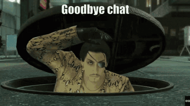 a video game character says goodbye chat while looking out of a manhole cover
