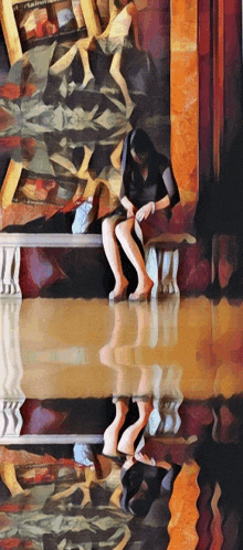 a painting of a woman sitting on a bench with a reflection of her in the water