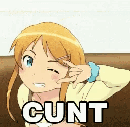 a cartoon girl is sitting on a couch and making a peace sign with her finger while the word cunt is written below her