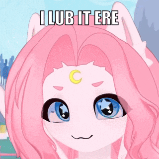 a cartoon character with pink hair and blue eyes is saying i lub it ere
