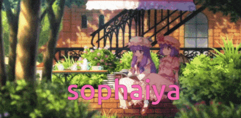 two anime girls are sitting in front of a building with the name sophiaiya