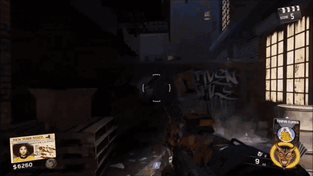 a video game is being played in a dark alleyway with a sign that says $ 6320