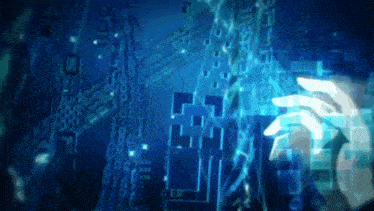 a person 's hand is reaching out towards a blue screen with numbers and letters on it