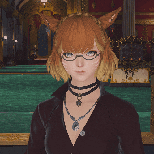 a woman wearing glasses and a choker is standing in front of a green wall