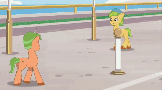 a cartoon of three ponies standing next to a pole