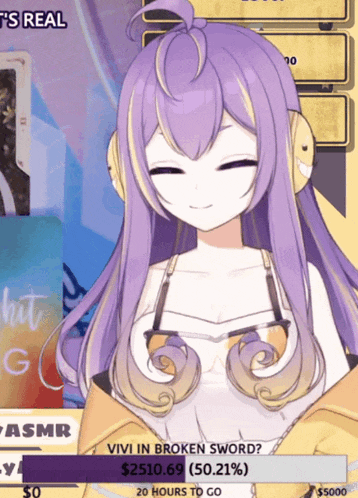 a girl with purple hair and headphones is smiling while playing a game