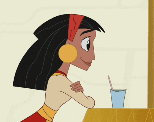 a cartoon character is pointing at a glass with a straw in it