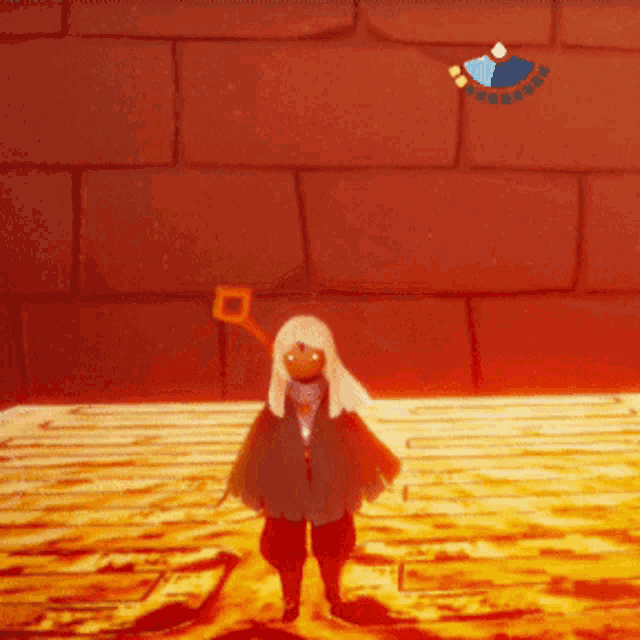 a cartoon character is standing in front of a red wall