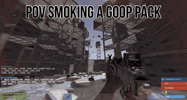 a screen shot of a video game with the words pov smoking a goop pack