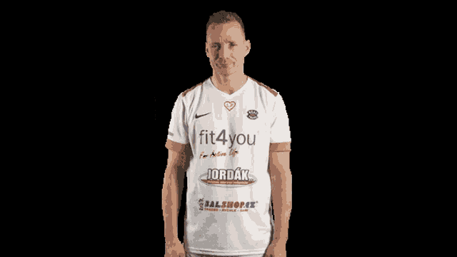 a man wearing a white shirt with fit4you on it