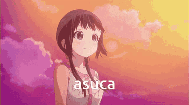 a cartoon girl with the name asuca on the bottom right