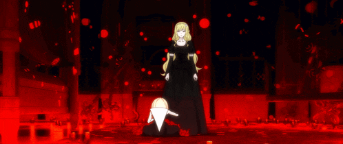 a woman in a black dress stands next to a child in a white shirt