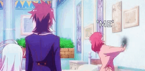 a man and a woman are standing next to each other in a room in a anime .