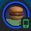 a hamburger is floating in the air in a blue circle with a cell phone in the background .