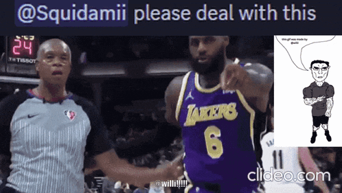a lakers basketball player shakes hands with a referee