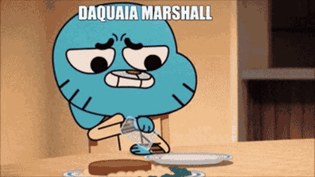 a cartoon character from the amazing world of gumball is sitting at a table with a plate of food ..