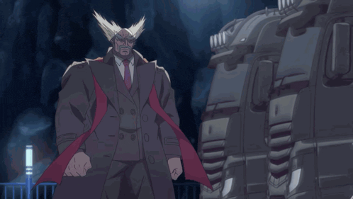 a woman in a purple jacket is fighting a man in a black suit