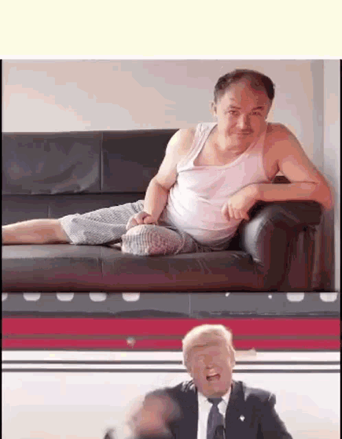 a man sitting on a couch next to a man in a suit and tie