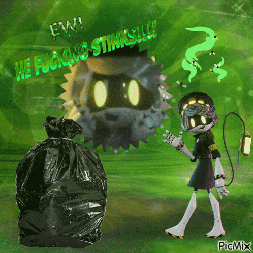 a cartoon character is standing next to a bag of garbage and says ew he fucking stinks